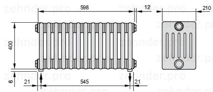 Схема (чертеж) Радиатор Zehnder Charleston 6040/13 №3570 Белый глянцевый RAL 9016